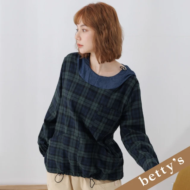 betty’s 貝蒂思 牛仔連帽拼接格子下擺抽繩上衣(綠色)