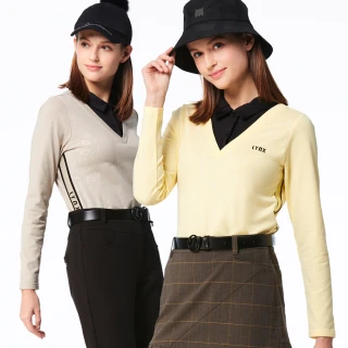 【Lynx Golf】女款合身版壓光V領假兩件式設計脇邊羅紋織片造型長袖POLO衫/高爾夫球衫(二色)