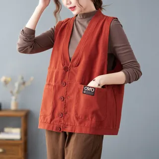 【ACheter】復古純棉寬鬆純色開衫V領背心外套#111800(黑/紅/綠)