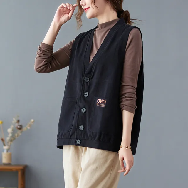 【ACheter】復古純棉寬鬆色開衫V領背心外套#111800(黑/紅/綠)