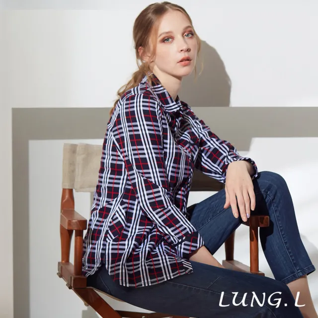 【LUNG.L 林佳樺】LN04A 紅藍格紋長袖女裝襯衫(女裝 棉質)