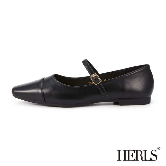【HERLS】平底鞋-優雅拼接小方頭瑪莉珍平底鞋(黑色)