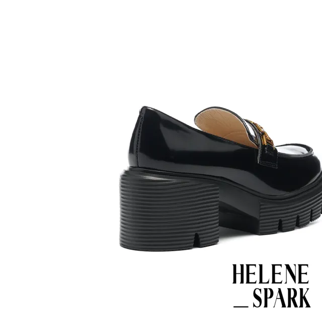 【HELENE_SPARK】復古時髦H鍊條全真皮大方頭樂福厚底高跟鞋(黑)