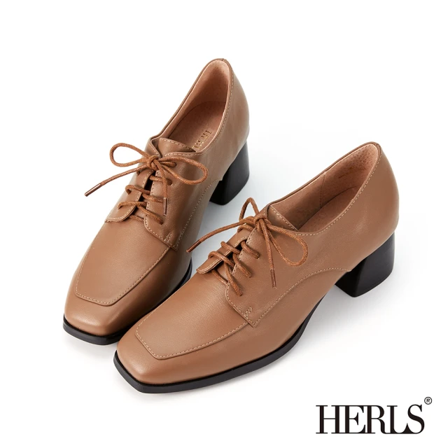 HERLS 牛津鞋-柔軟全真皮車線造型圓頭德比鞋(紅棕色)品