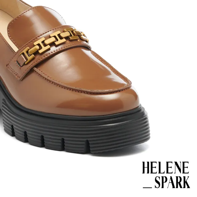 【HELENE_SPARK】復古時髦H鍊條全真皮大方頭樂福厚底高跟鞋(棕)