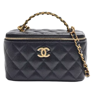 【CHANEL 香奈兒】經典雙C LOGO菱格粒紋牛皮皮革提把手提/斜背化妝包(黑色AP2805C-BLK-GPN)