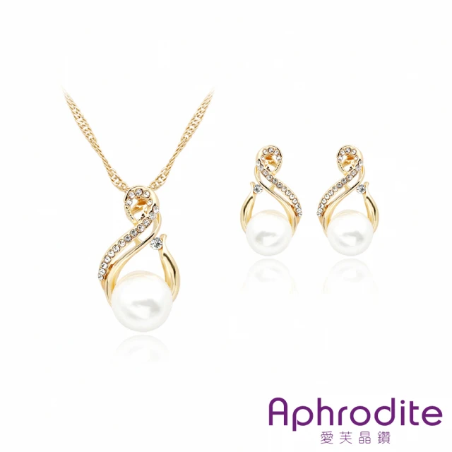 Aphrodite 愛芙晶鑽 閃耀美鑽水滴線條珍珠耳環項鍊2件套組(珍珠耳環 珍珠項鍊)