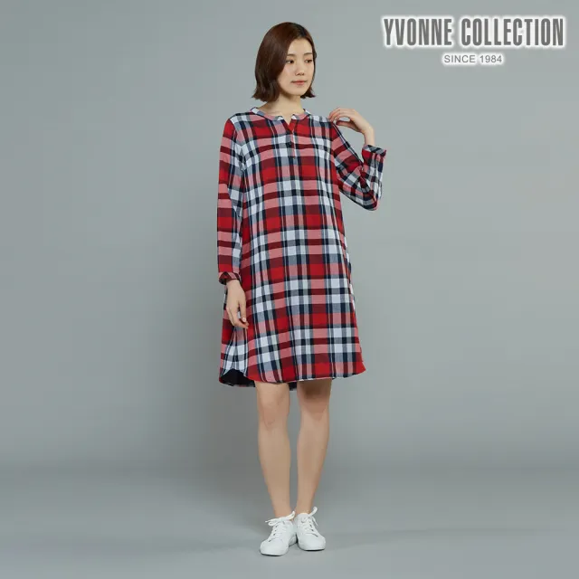 【YVONNE 以旺傢飾】雙層棉格紋長袖洋裝(紅)