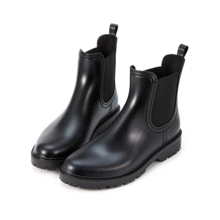 【HERLS】雨靴-亮面側鬆緊切爾西厚底防水雨靴(黑色)