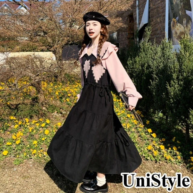 UniStyleUniStyle 甜美長袖洋裝 假兩件拼接針織連身裙 女 ZM268-8867(粉紅)