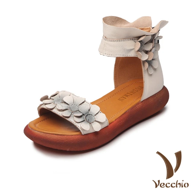 VecchioVecchio 真皮頭層牛皮唯美手工暈色花朵繫帶厚底涼鞋(白)