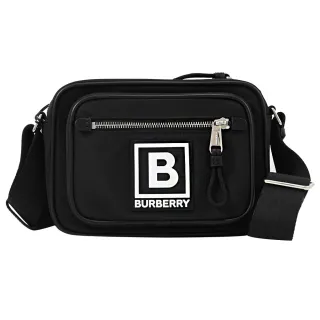 【BURBERRY 巴寶莉】經典LOGO輕量尼龍前口袋相機包方包斜背包(黑)