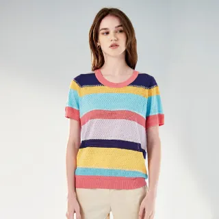 【MYSHEROS 蜜雪兒】絲棉針織上衣 圓領 彩條拼接 鑽飾 洞洞透膚(粉)