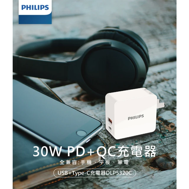 【Philips 飛利浦】30W typeC/USB 2孔PD/QC快充充電器(DLP5320C)