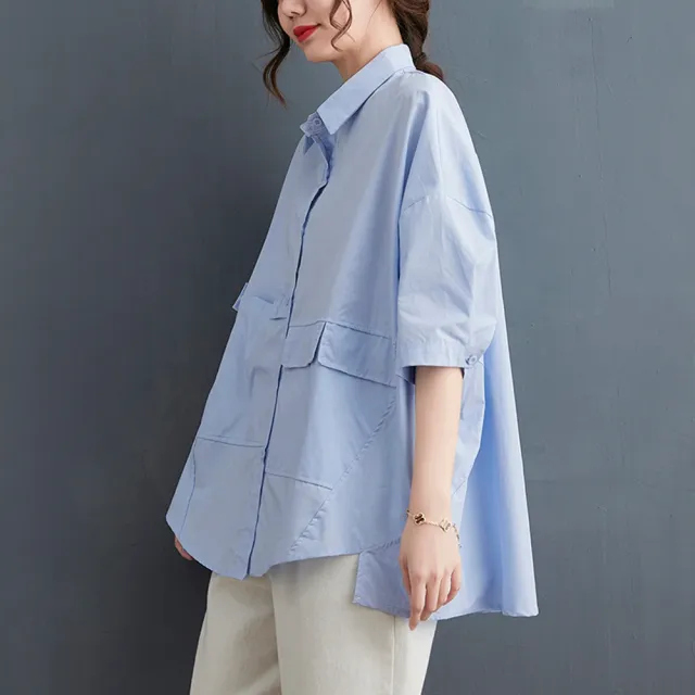 【Keer】玩美衣櫃文藝排釦五分袖藍色寬鬆襯衫-F