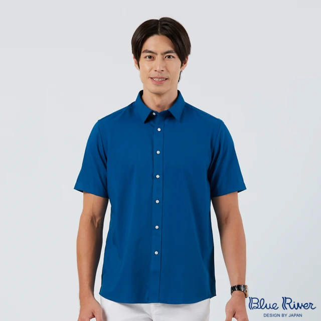 Blue River 藍河 男裝 白色短袖襯衫-雙色灰藍條紋