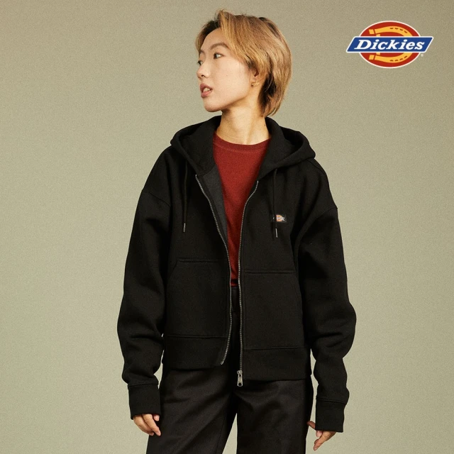 Dickies 女款黑色抓絨經典三色Logo織標抽繩連帽外套｜DK012346BLK