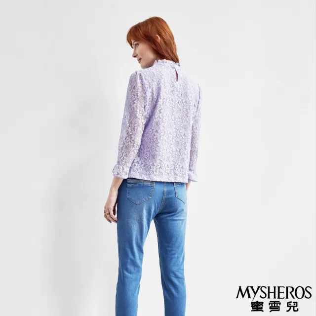 【MYSHEROS 蜜雪兒】棉質上衣 抓皺小立領 蕾絲雙層(淺紫)