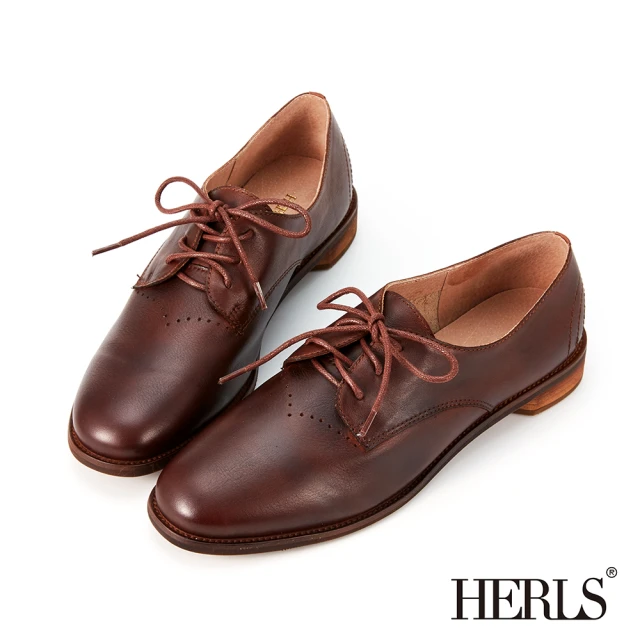 HERLSHERLS 牛津鞋-柔軟全真皮車線造型圓頭德比鞋(紅棕色)