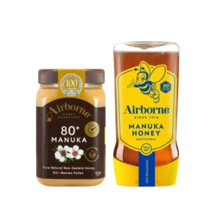 【紐西蘭Airborne艾爾邦】麥蘆卡蜂蜜 500克 防疫保養必備組(花粉含量80+和30+易擠瓶)