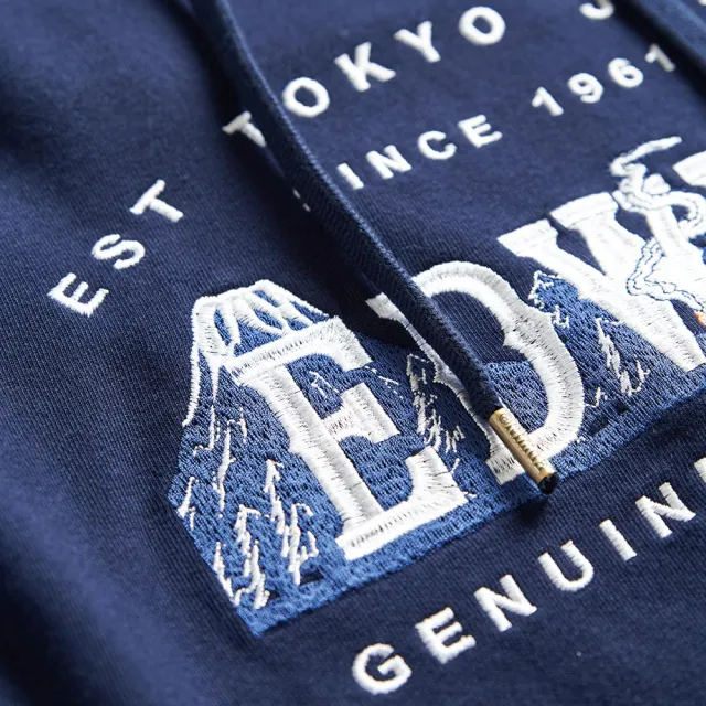 【EDWIN】男裝 露營系列 富士山刺繡LOGO連帽長袖T恤(丈青色)