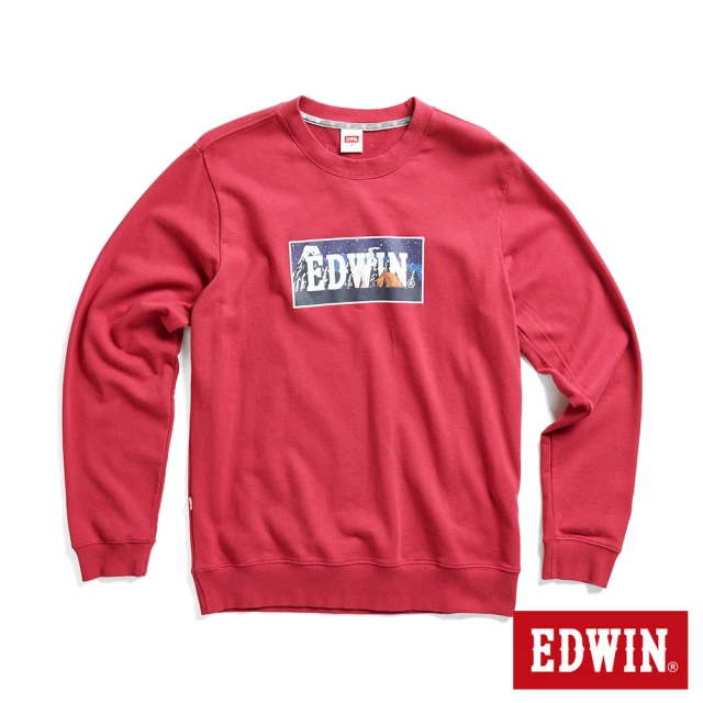 EDWINEDWIN 男裝 露營系列 富士山營地BOX LOGO厚長袖T恤(暗紅色)