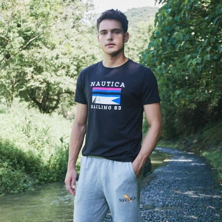 【NAUTICA】男裝 休閒百搭旗語圖騰短袖T恤(黑色)