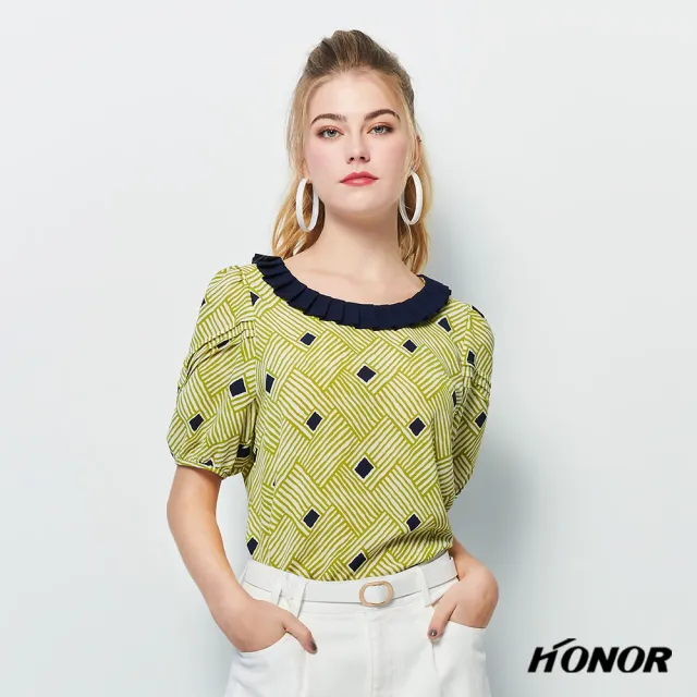 【HONOR 山形屋】出清品 百褶領交錯編織紋泡泡袖上衣(限定出清)
