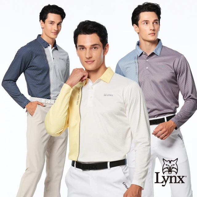 Lynx Golf 男款吸溼排汗網眼布材質斜條配色布料山貓變色膠印長袖POLO衫(三色)