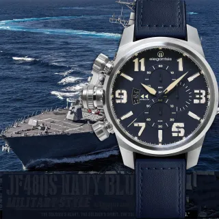 【elegantsis 愛樂時】陸海空三軍-海軍藍 大錶徑三眼計時手錶-48mm(ELJF48QS-OU06LC)