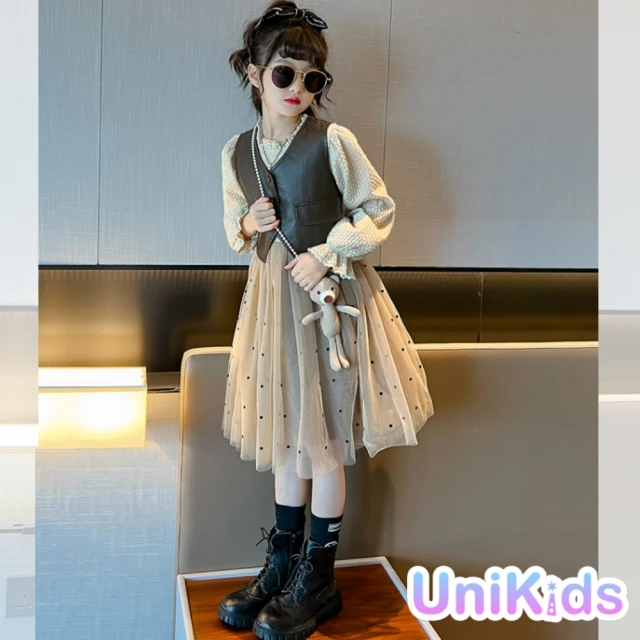 UniKids 中大童裝2件套長袖紗裙洋裝PU皮背心 女大童裝 CV皮馬甲(咖啡)
