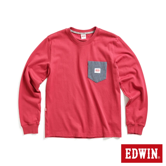 EDWIN 男裝 工裝直紋丹寧布拼貼口袋長袖T恤(暗紅色)