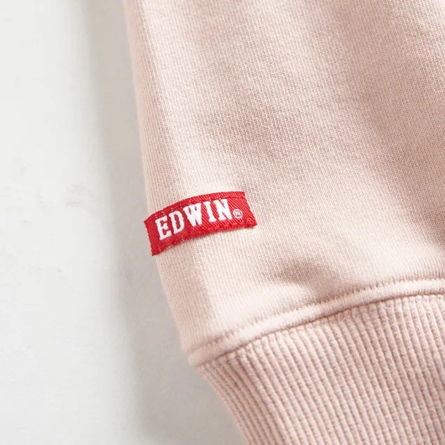 【EDWIN】女裝 露營系列 富士山刺繡LOGO連帽長袖T恤(淺粉紅)