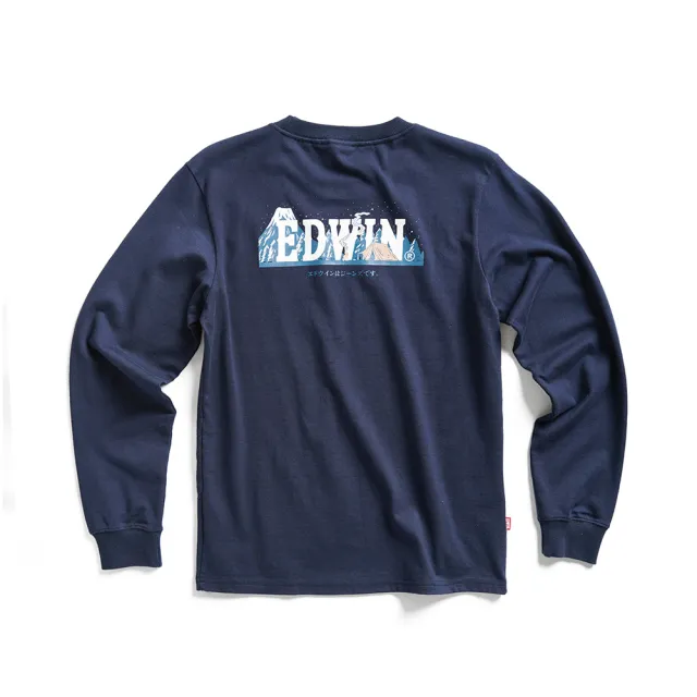 【EDWIN】女裝 露營系列 背後富士山營地LOGO長袖T恤(丈青色)