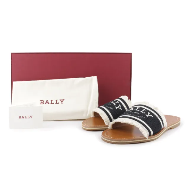 【BALLY】Bianka Logo 刺繡平底拖鞋(黑色/骨白色)