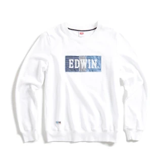 【EDWIN】女裝 再生系列 CORE 環保丹寧拼貼BOX LOGO厚長袖T恤(米白色)