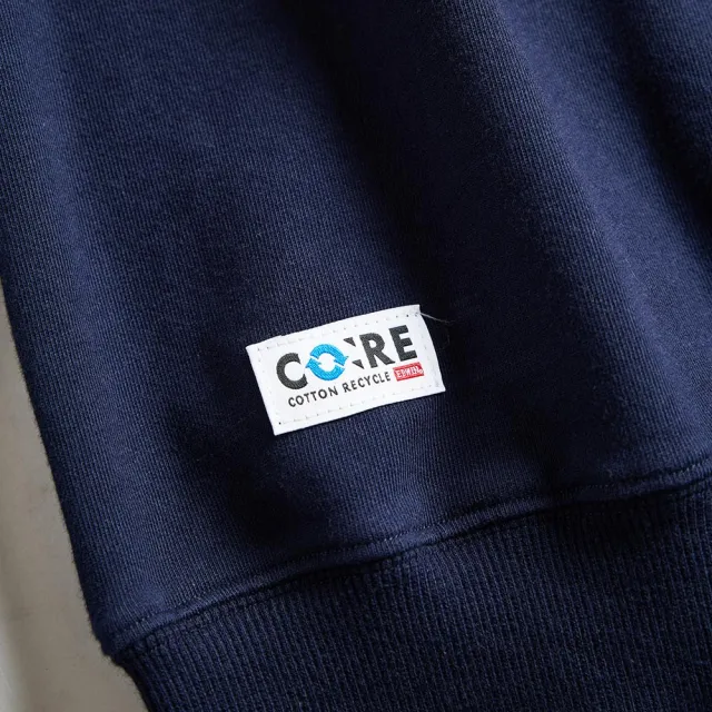 【EDWIN】女裝 再生系列 CORE 環保丹寧拼貼BOX LOGO厚長袖T恤(丈青色)