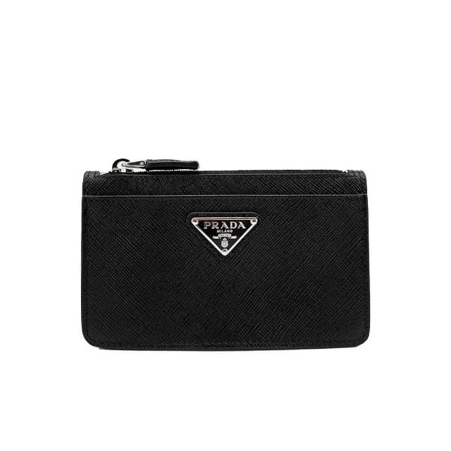 【PRADA 普拉達】銀三角logo防刮牛皮拉鍊零錢卡包(2MC084-黑)