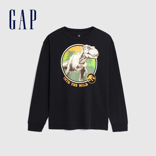 GAP 男童裝 Gap x 侏儸紀公園聯名 純棉印花圓領長袖T恤-黑色(786321)