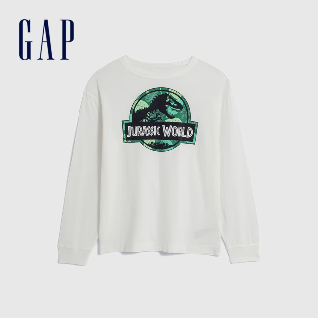 GAP 男童裝 Gap x 侏儸紀公園聯名 純棉印花圓領長袖T恤-白色(786321)