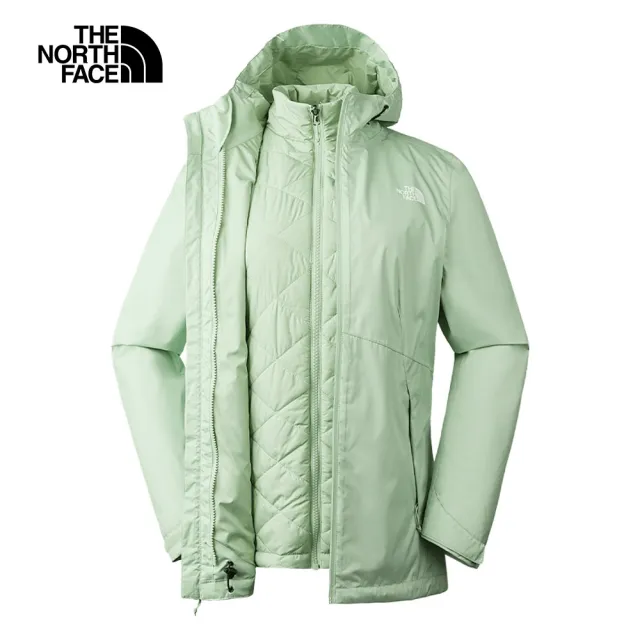 【The North Face 官方旗艦】北面女款綠色防水透氣保暖連帽三合一外套｜88RXI0G(內搭鋪棉款)