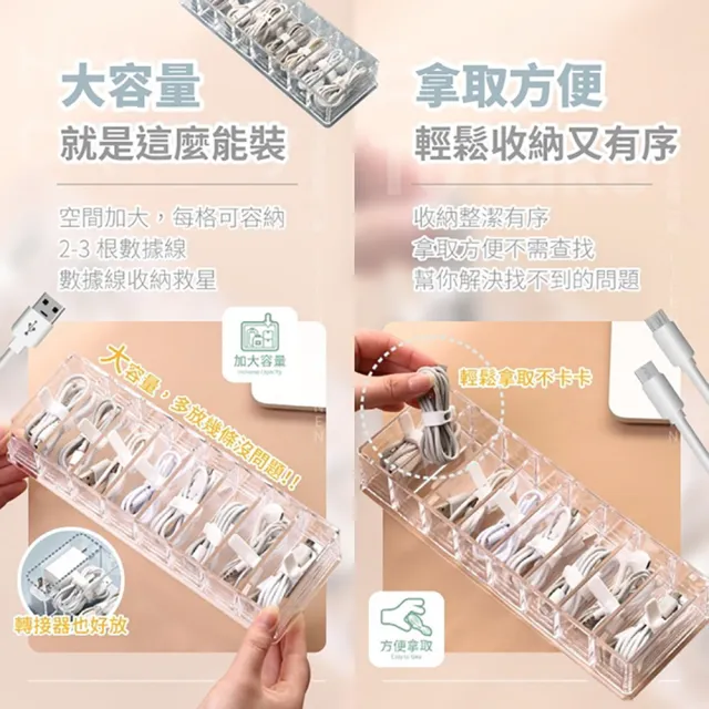 【JOHN HOUSE】數據線材透明收納盒 充電線置物盒 電線收納盒 集線盒(8格帶蓋加大款無附贈理線帶)