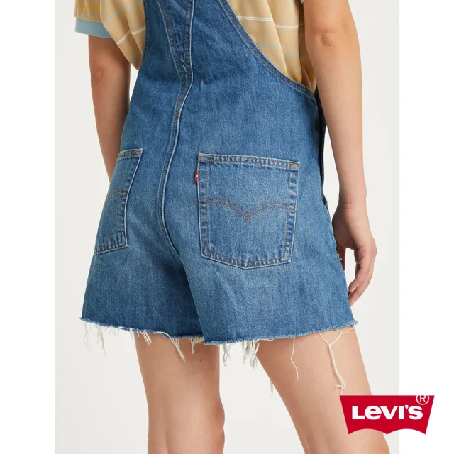 【LEVIS 官方旗艦】女款 高腰吊帶牛仔闊腿短褲 / 鈕扣穿脫 / 不規則貓鬚破壞褲管 熱賣單品 52333-0041