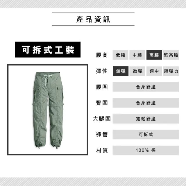 【LEVIS 官方旗艦】女款 高腰可拆式工裝長、短褲 / 腰間調節帶 / 玄武綠 熱賣單品 A5972-0001