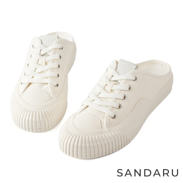 SANDARU 山打努 穆勒鞋 珍珠釦飾真皮瑪莉珍跟鞋(杏)