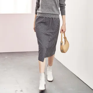 【MYSHEROS 蜜雪兒】拚接長裙 鬆緊腰頭 不對襯 條紋(深藍)