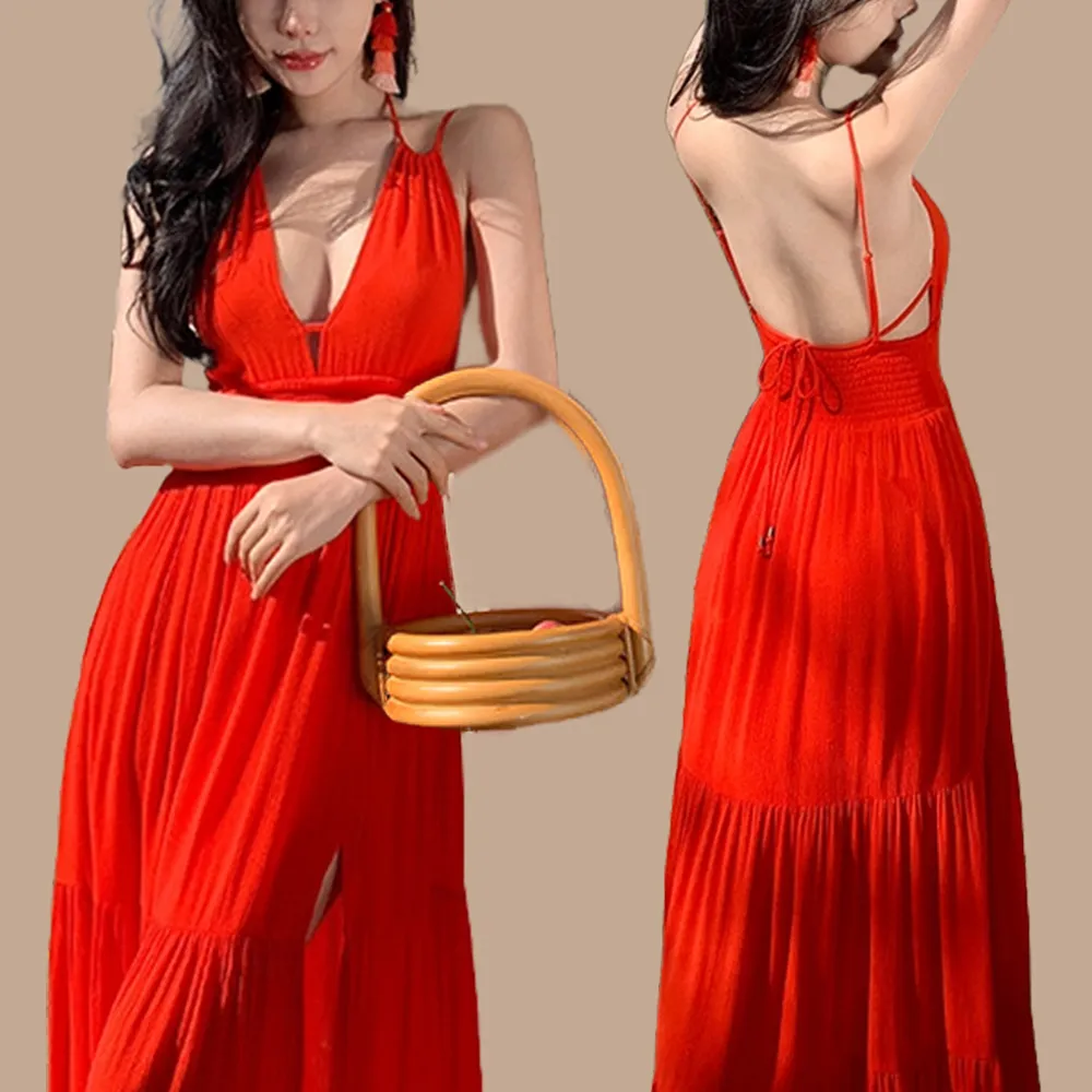 【Gmxxxx】紅色露背性感飄逸長洋裝(紅色洋裝 露背洋裝)
