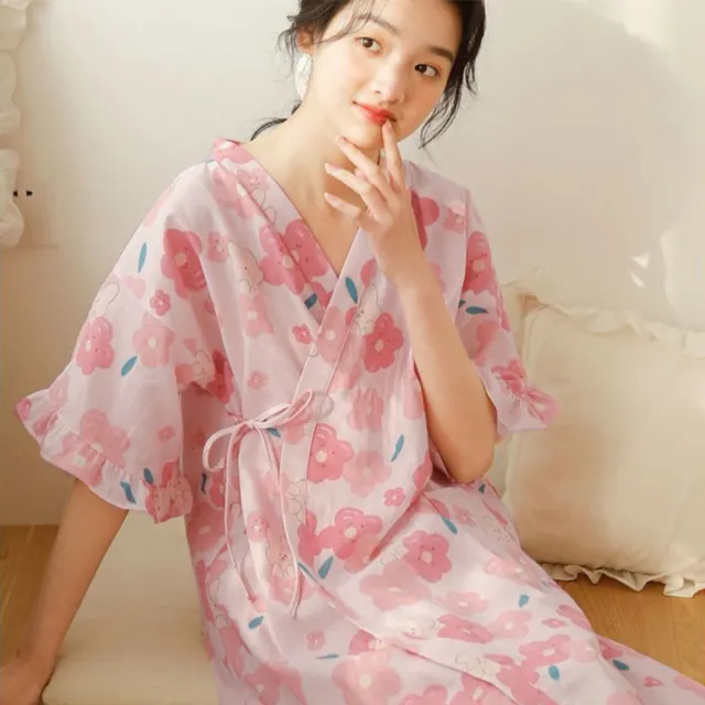 【良池】純棉和服印花居家睡衣睡袍開衫(日系夏季輕薄涼爽短袖長版上衣)