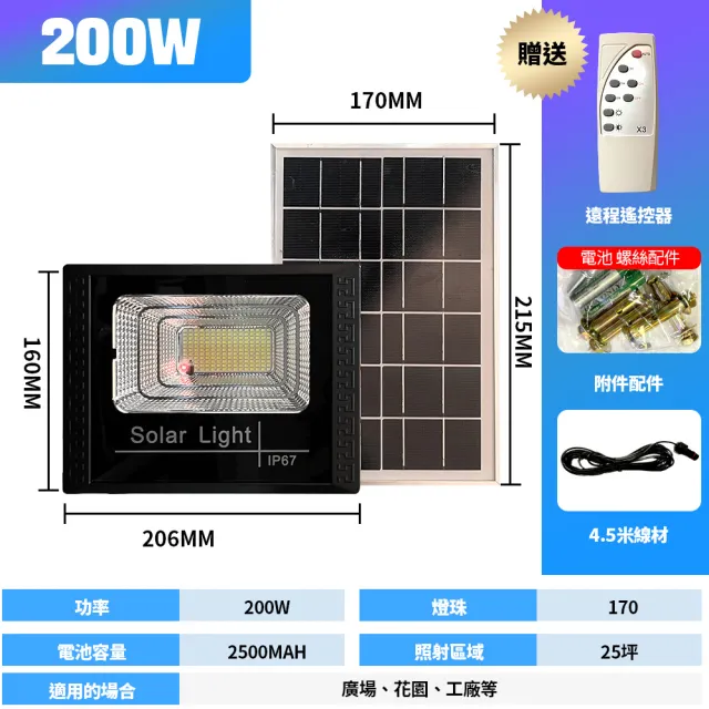 【伊德萊斯】200W 太陽能感應燈(太陽能工業照明燈 戶外太陽能路燈 遙控光控感應 免佈線 免安裝)