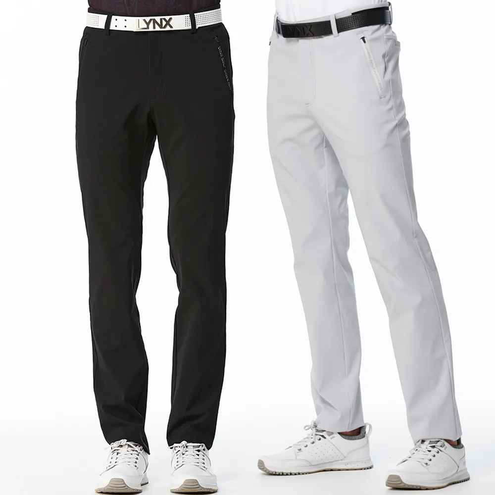 【Lynx Golf】男款保暖防風防潑水內刷毛材質拉鍊口袋設計平口窄管休閒長褲(二色)
